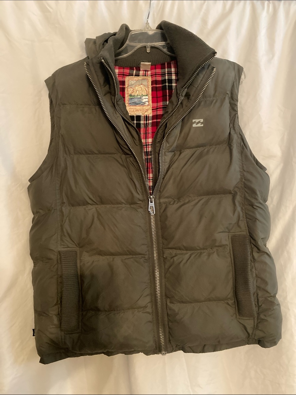Vintage Billabong Olive Quilted Hooded Puffer Vest with Red Plaid Lining sz Lg